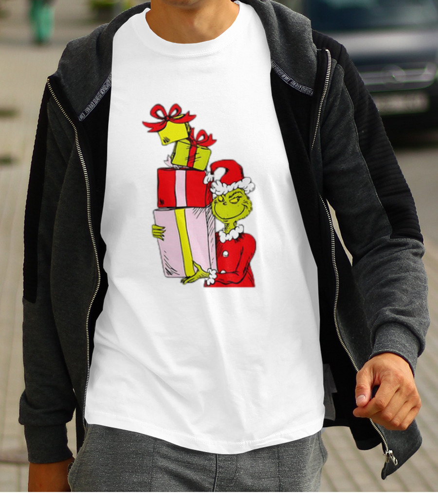 Grinch With Stacked Christmas Gifts Santa T-Shirt