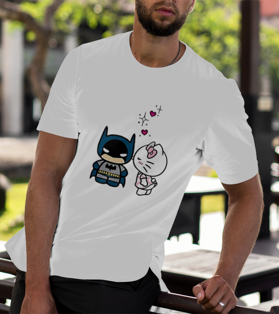 Hello Kitty Kissing Batman With Hearts And Sparkles T-Shirt