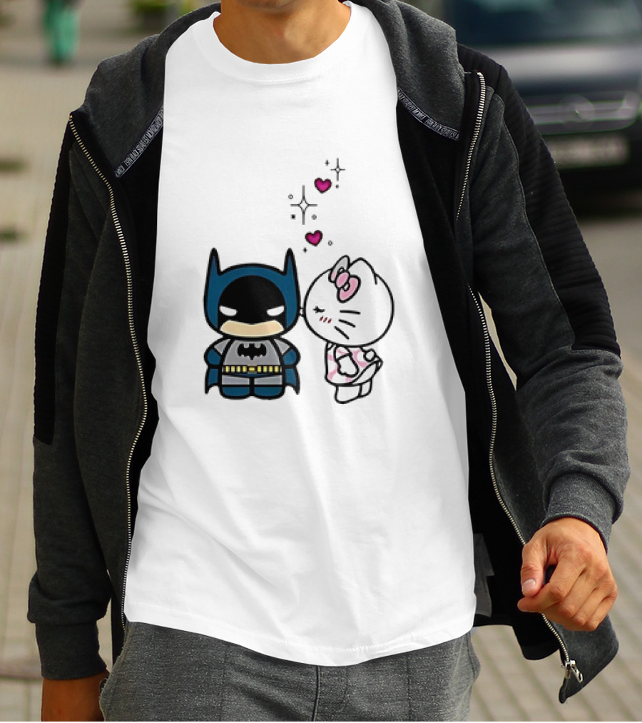Hello Kitty Kissing Batman With Hearts And Sparkles T-Shirt