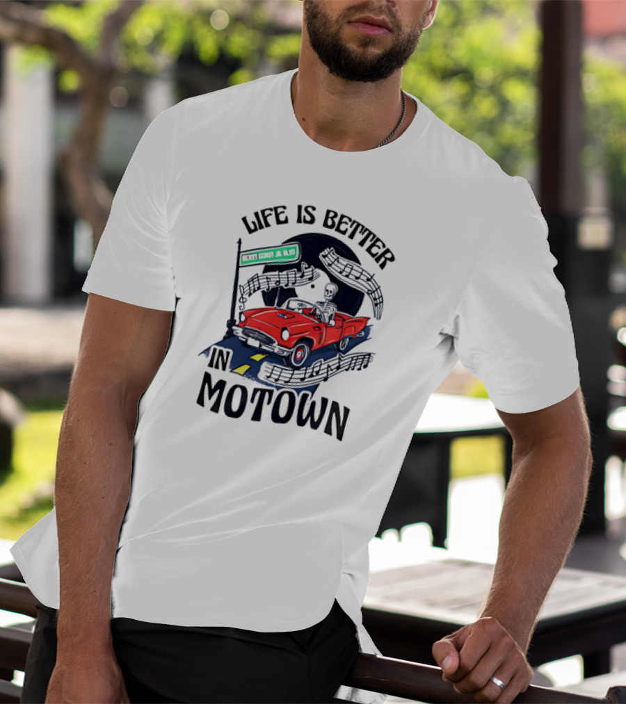 Life Is Better In Motown Skeleton Driver In Red Convertible With Musical Notes T-Shirt