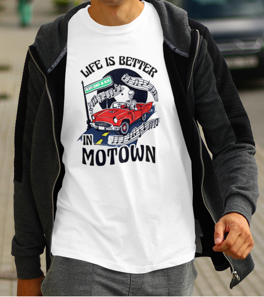 Life Is Better In Motown Skeleton Driver In Red Convertible With Musical Notes T-Shirt