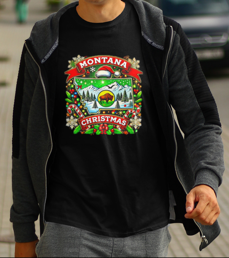 Montana Christmas Snowy Mountains And Buffalo Holiday Festive T-Shirt