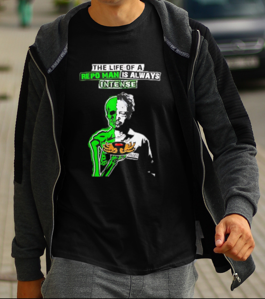 The Life Of A Repo Man Is Always Intense Skull Duality Neon Green Skeleton Black Hat Grim Reaper Delivery Pizza Box Killer T-Shirt