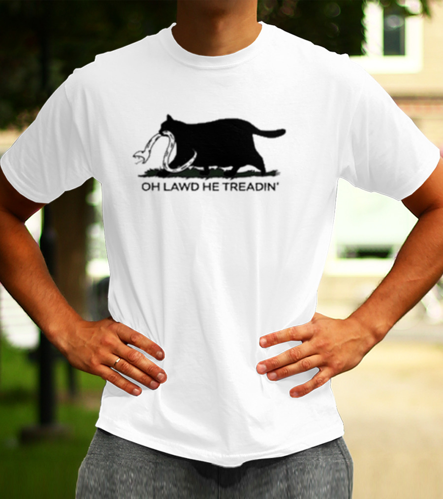 Oh Lawd He Treadin' Cat Silhouette Biting Snake T-Shirt