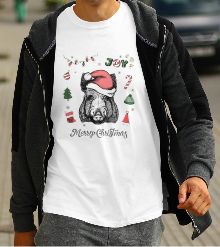 Boar Merry Christmas Joy With Santa Hat And Festive Icons T-Shirt