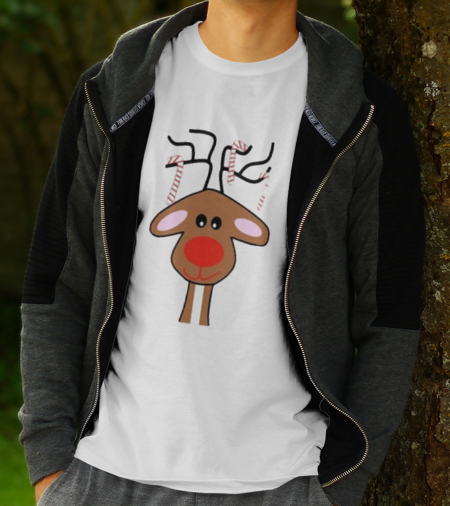 Red Nose Christmas Reindeer With Candy Cane Antlers T-Shirt