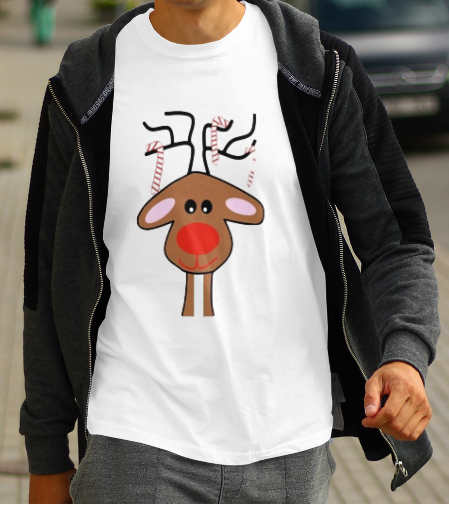 Red Nose Christmas Reindeer With Candy Cane Antlers T-Shirt
