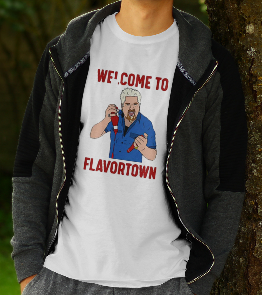 WECOME TO FLAVORTOWN Flavortown Guy Character Cartoon Blue Shirt Red Bottles T-Shirt