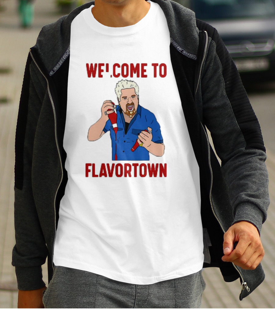 WECOME TO FLAVORTOWN Flavortown Guy Character Cartoon Blue Shirt Red Bottles T-Shirt