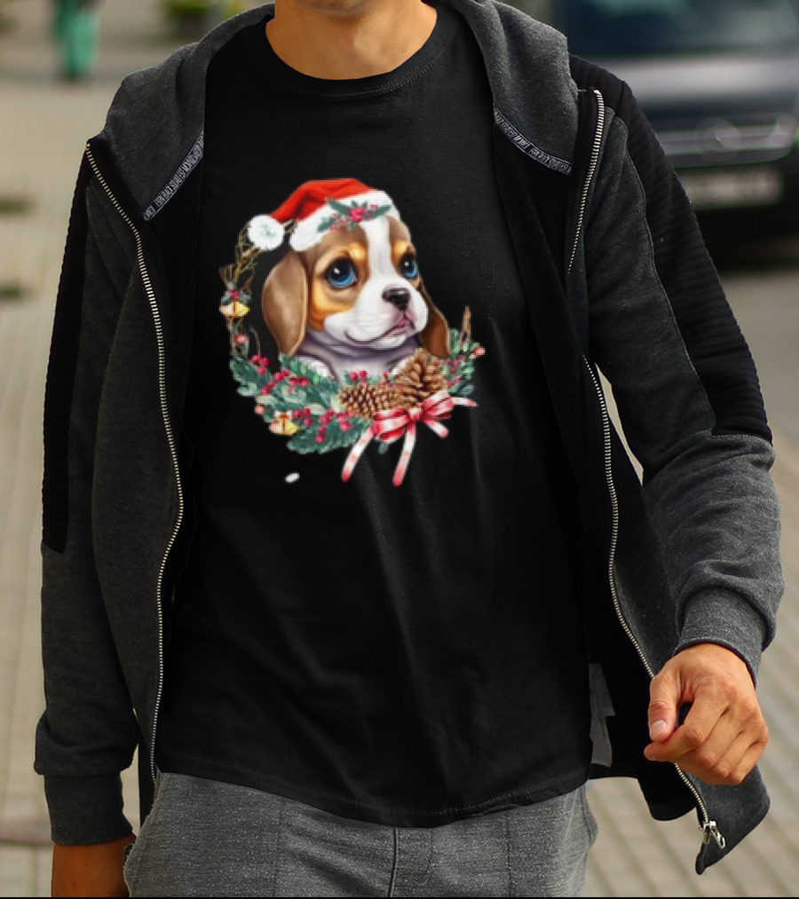 Christmas Beagle With Santa Hat And Holiday Wreath T-Shirt