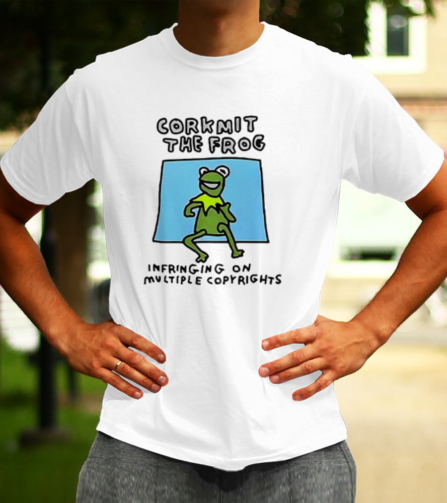 Corkmit The Frog Infringing On Multiple Copyrights Green Frog Cartoon With Blue Background T-Shirt