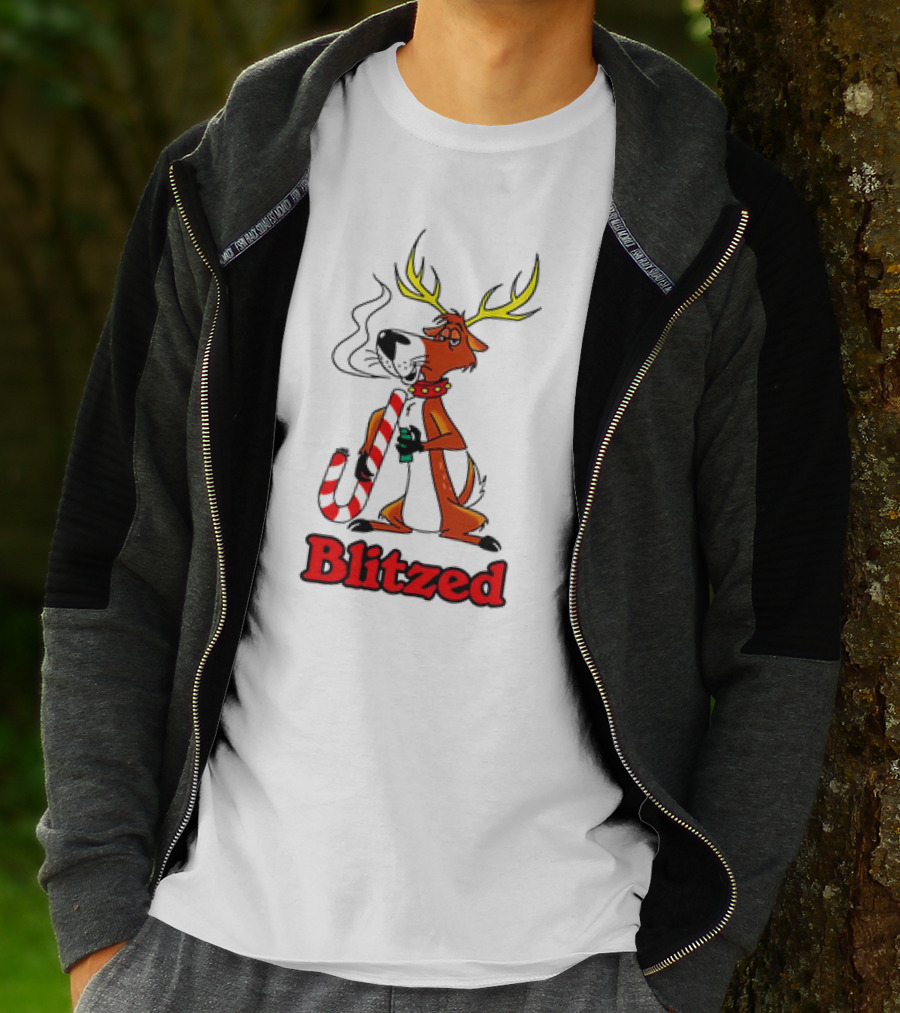 Blitzed Reindeer With Candy Cane And Holiday Cheer T-Shirt