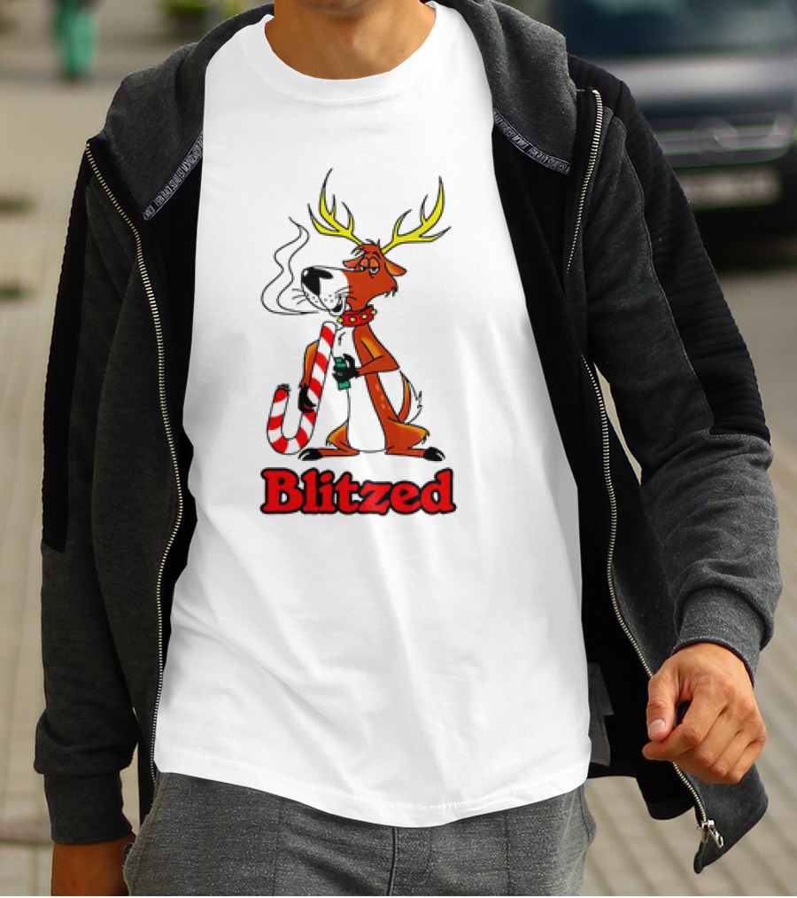 Blitzed Reindeer With Candy Cane And Holiday Cheer T-Shirt