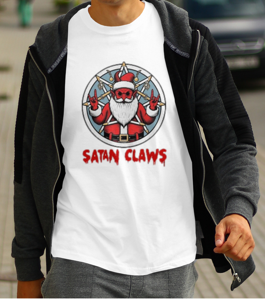 Satan Claws Christmas Pentagram Santa Rock Gesture T-Shirt