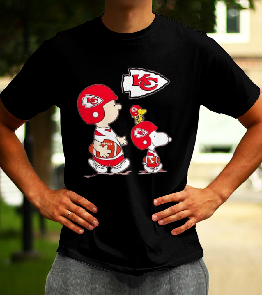 Peanuts Characters In Kansas City Chiefs Football Gear With KC T-Shirt