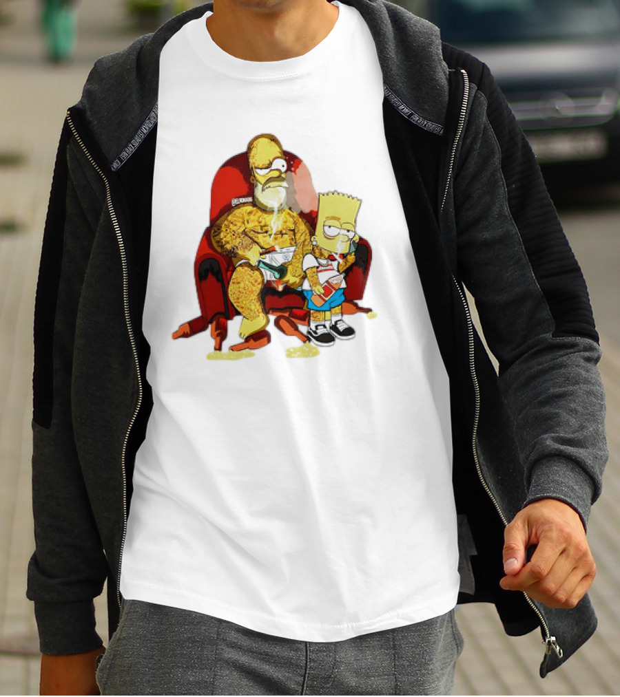 Homer Simpson Bart Simpson Gangster Smoking Money Sitting Chair T-Shirt