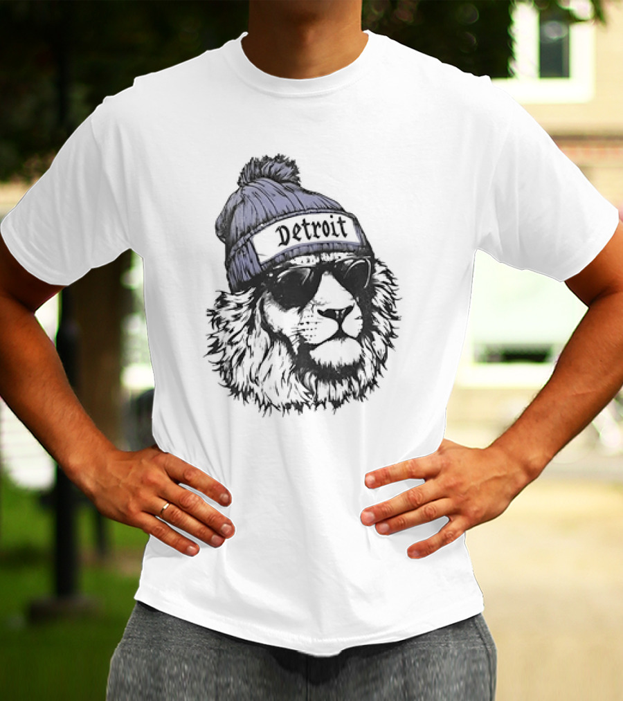 Detroit Lion Wearing Sunglasses And Beanie T-Shirt