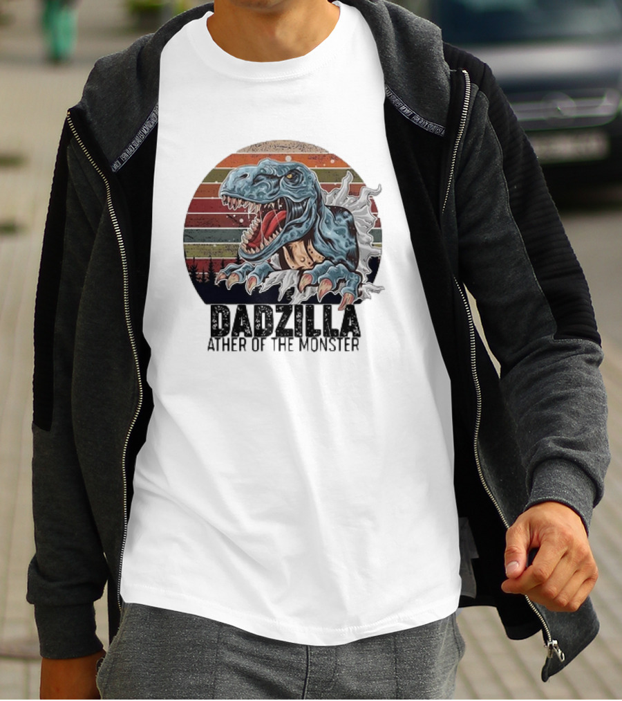 Dadzilla Ather Of The Monster Vintage Dinosaur Retro Stripes T-Shirt