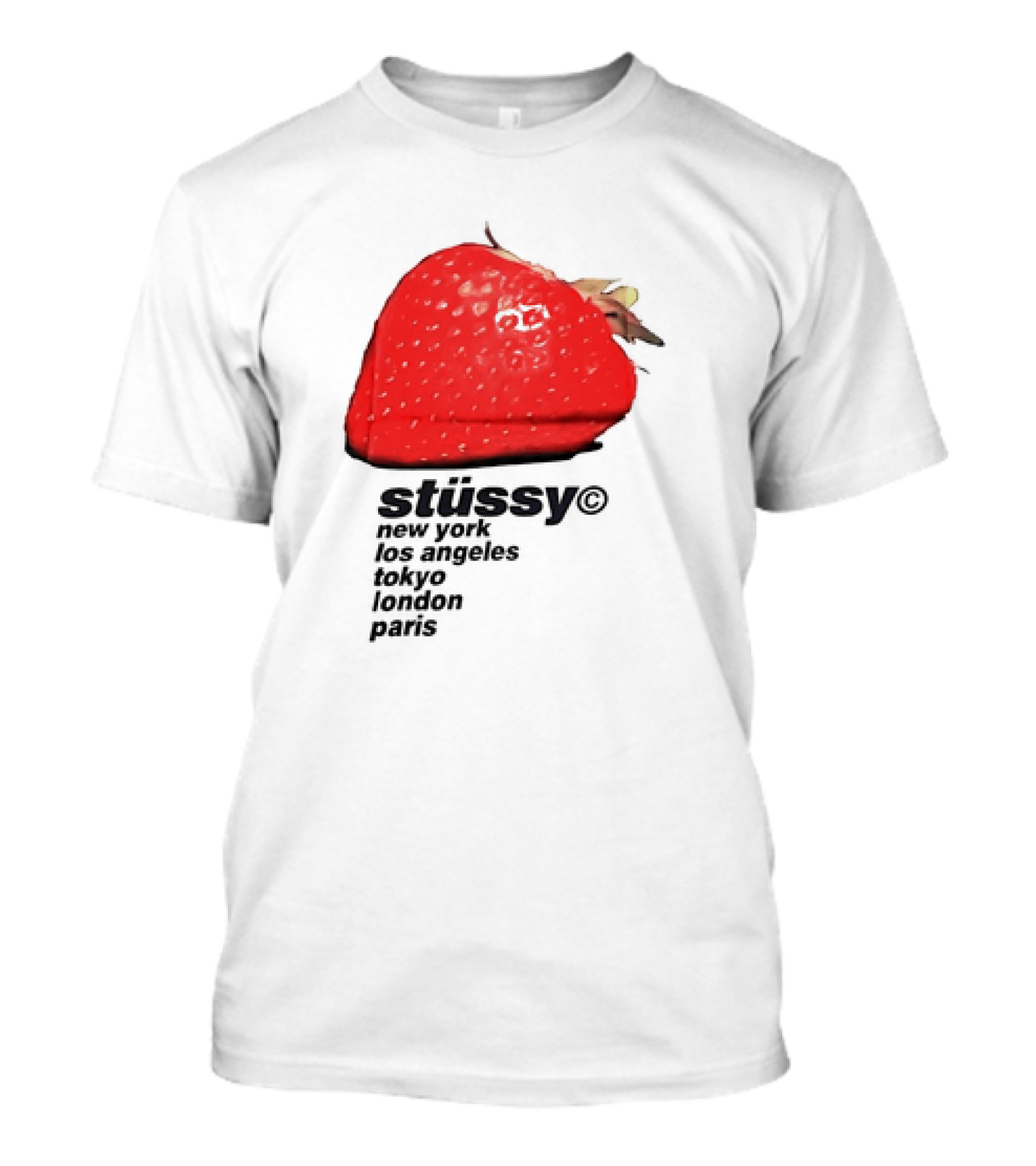 Stussy Strawberry Design New York Los Angeles Tokyo London Paris T-Shirt
