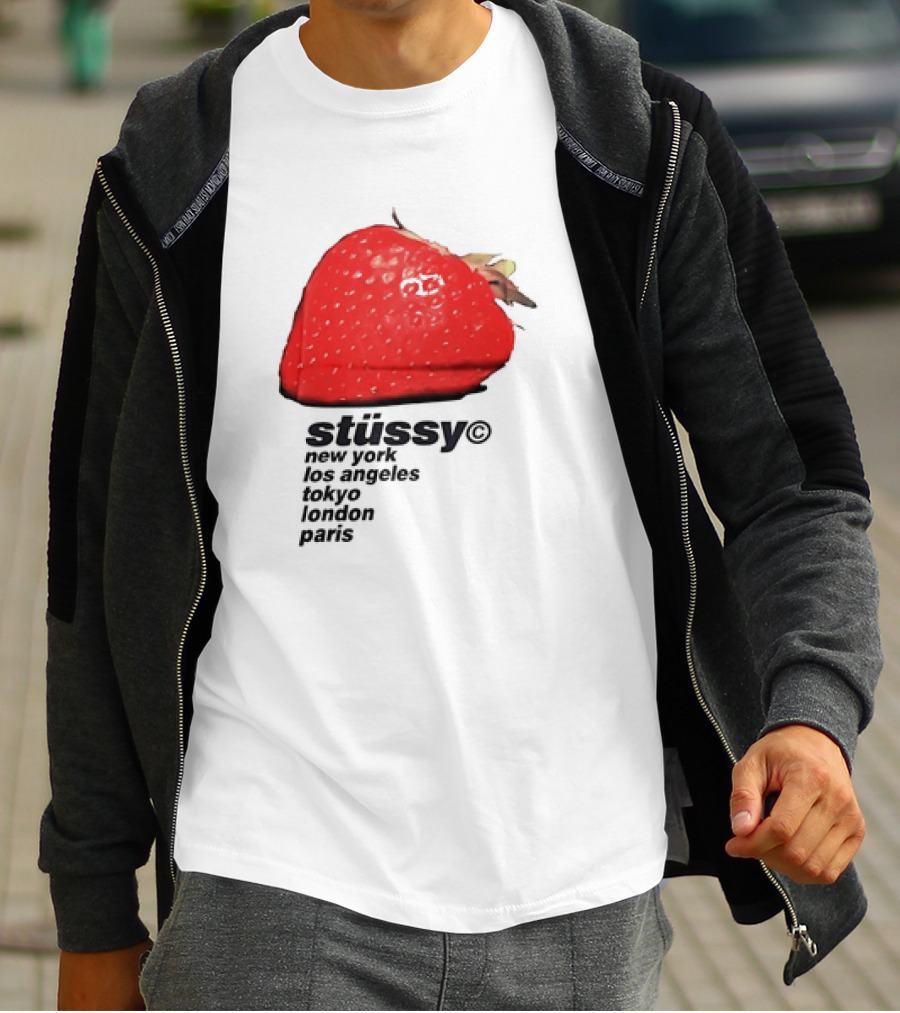 Stussy Strawberry Design New York Los Angeles Tokyo London Paris T-Shirt