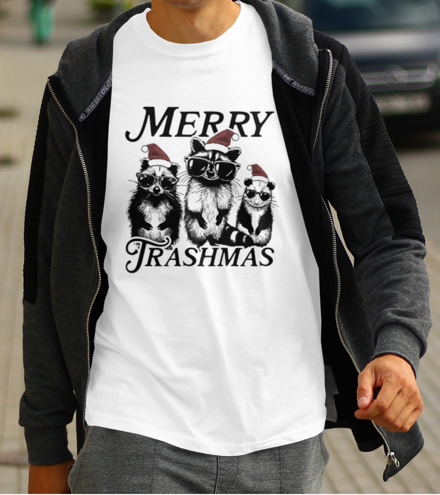 Merry Trashmas Raccoons In Santa Hats With Sunglasses Christmas T-Shirt