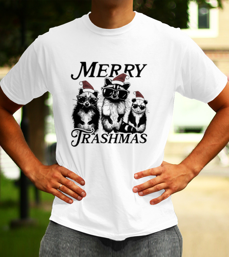 Merry Trashmas Raccoons In Santa Hats With Sunglasses Christmas T-Shirt