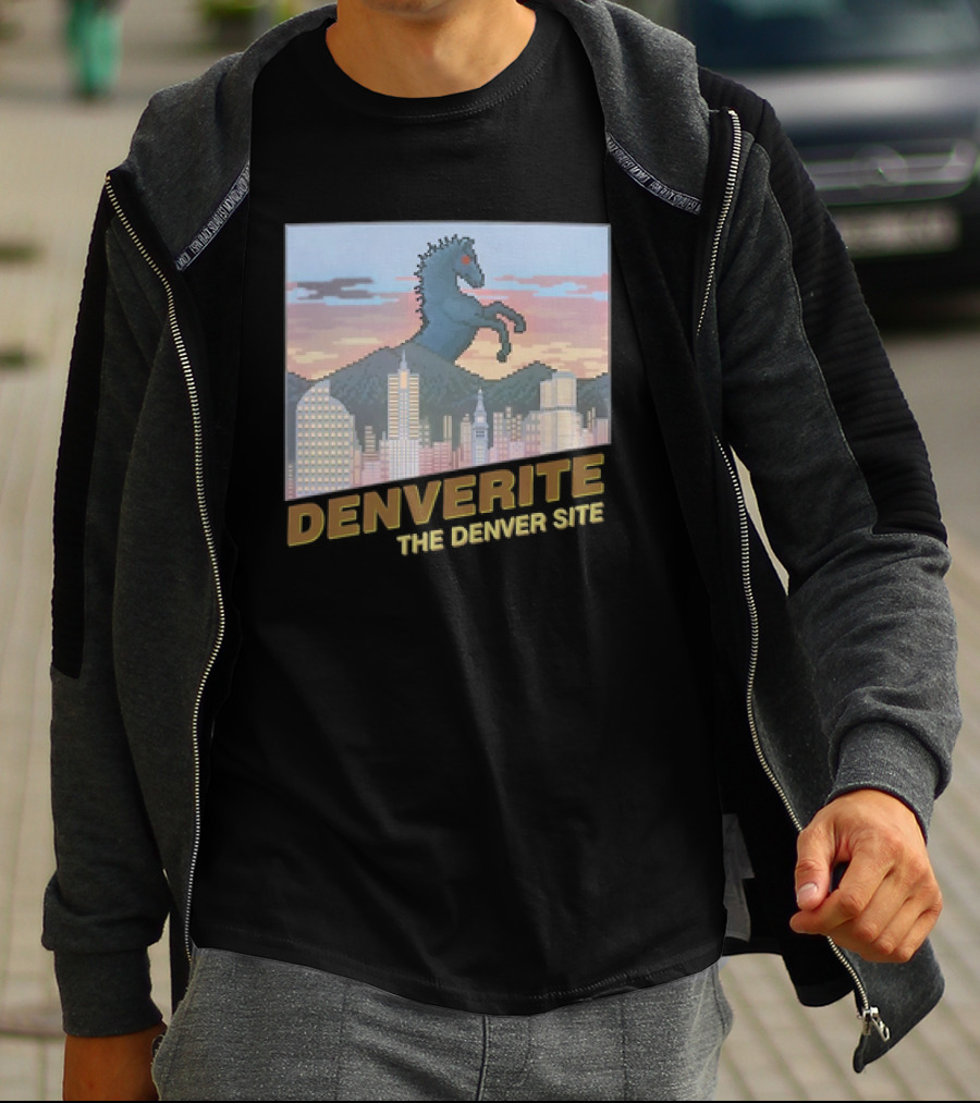 Denverite The Denver Site City Skyline And Rearing Blue Mustang T-Shirt