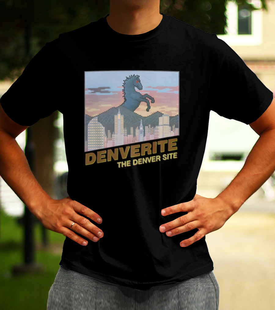 Denverite The Denver Site City Skyline And Rearing Blue Mustang T-Shirt