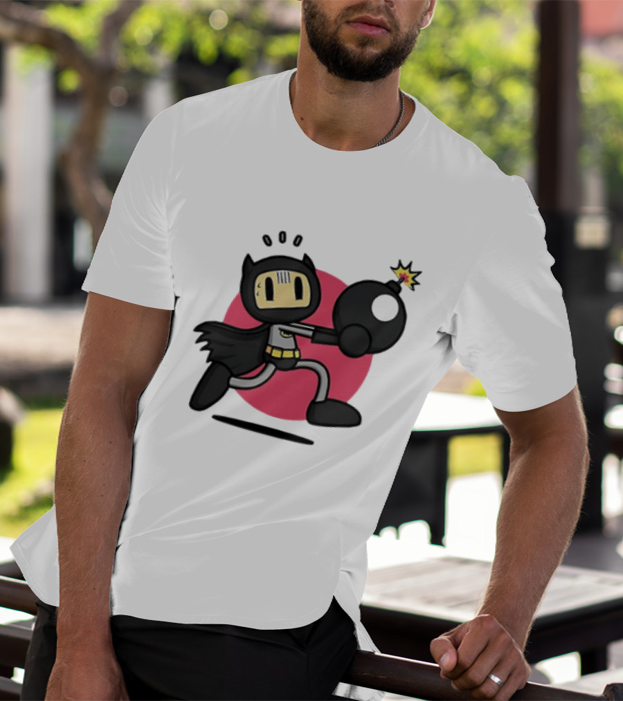 Batman Meets Bomberman Crossover With Iconic Superhero Cape And Explosive Action T-Shirt