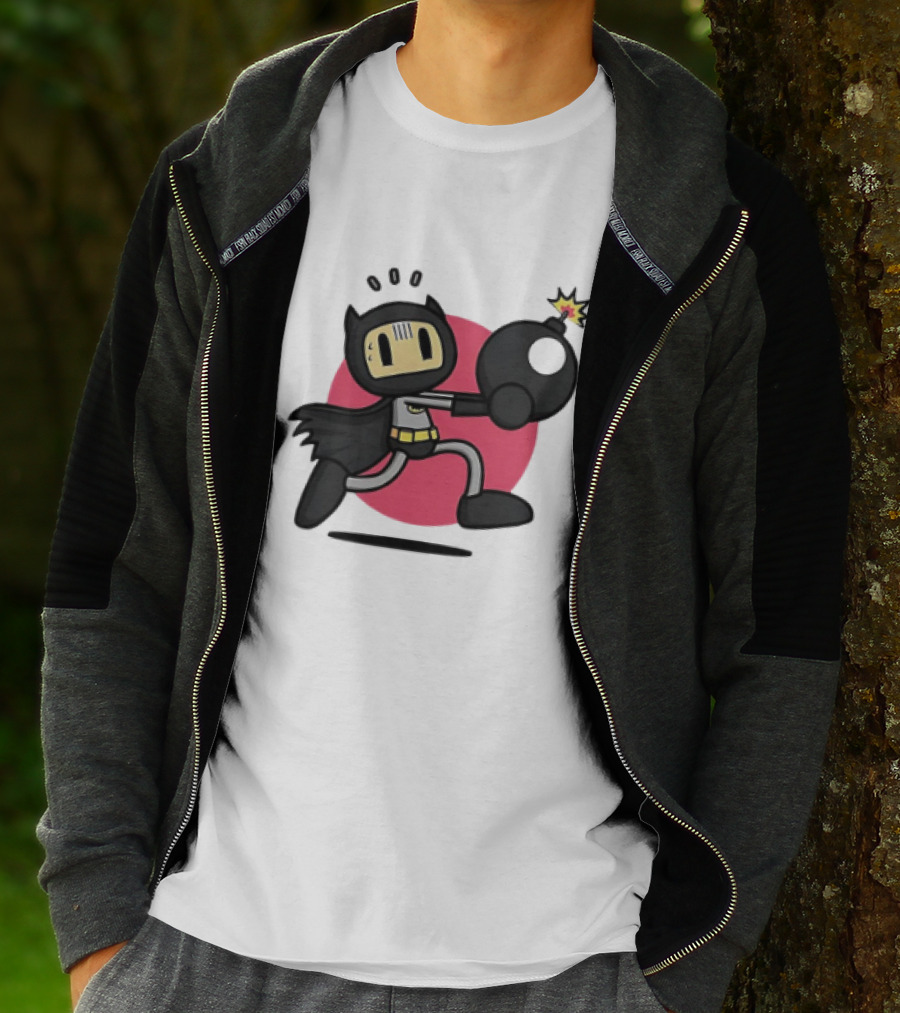 Batman Meets Bomberman Crossover With Iconic Superhero Cape And Explosive Action T-Shirt