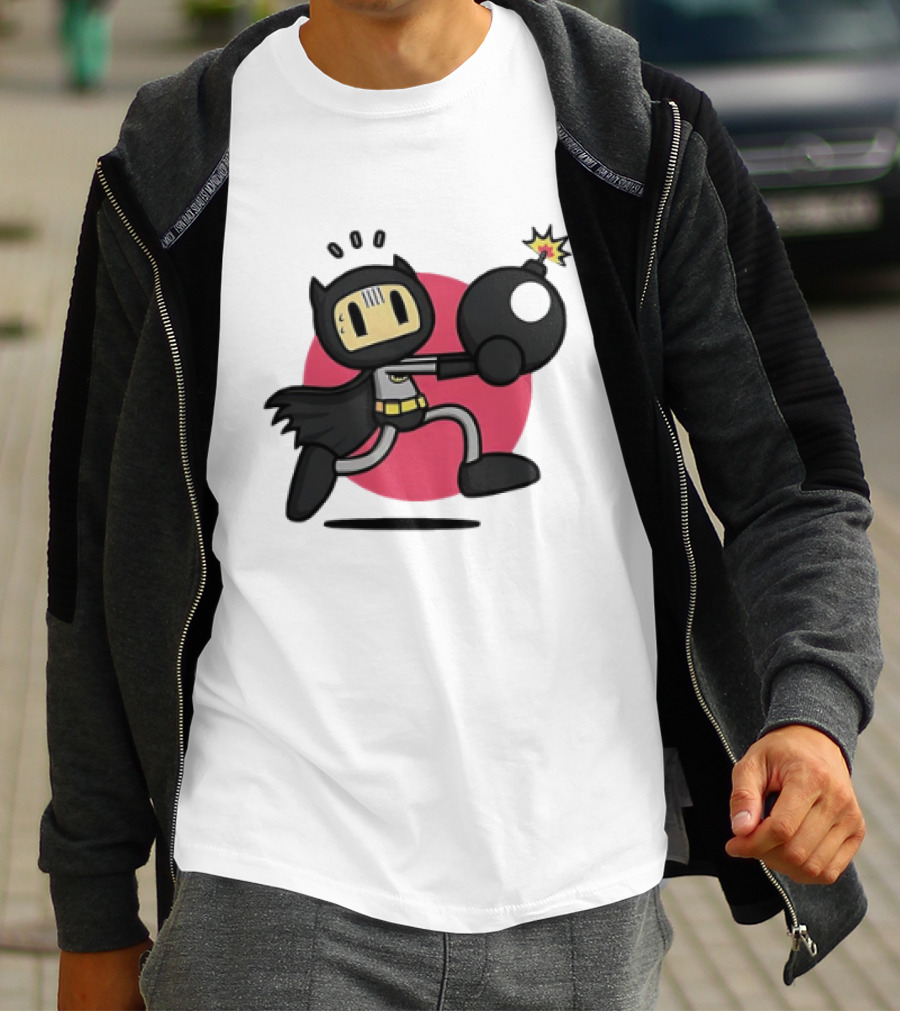 Batman Meets Bomberman Crossover With Iconic Superhero Cape And Explosive Action T-Shirt