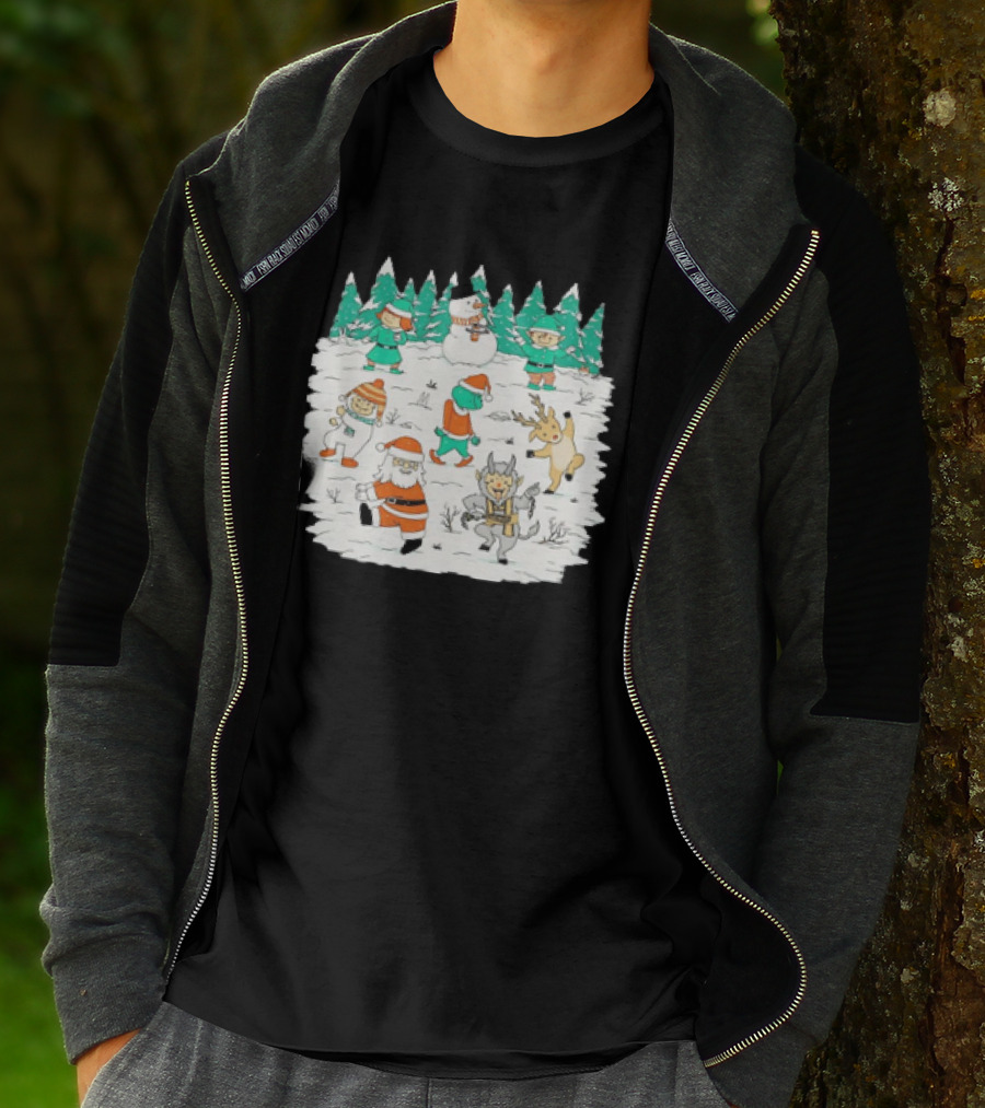 Christmas Dance Party With Santa, Krampus, Grinch, Snowman, And Reindeer In Winter Forest T-Shirt