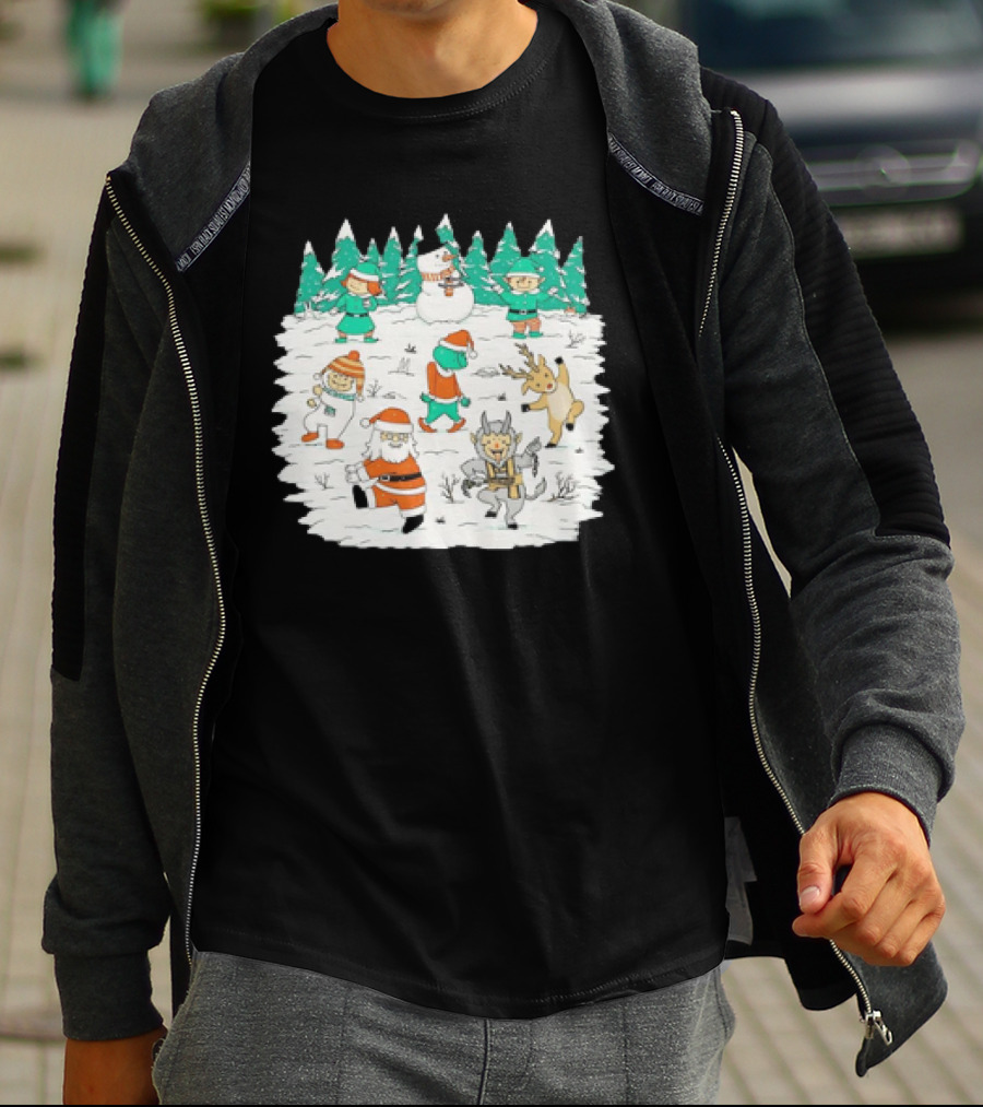 Christmas Dance Party With Santa, Krampus, Grinch, Snowman, And Reindeer In Winter Forest T-Shirt