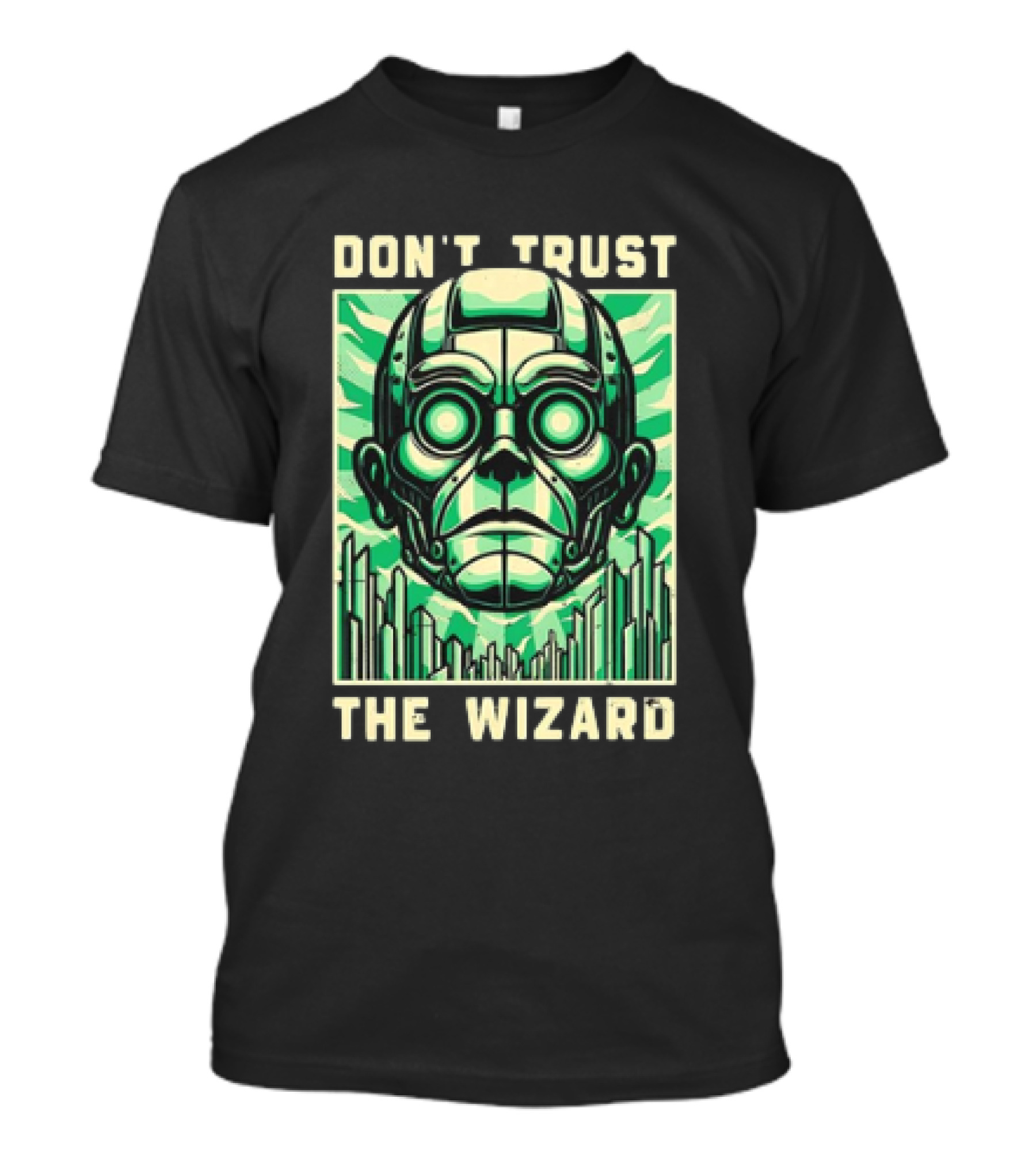 Don't Trust The Wizard Futuristic Metallic Face With Green Shards T-Shirt