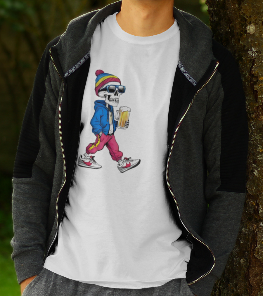 Skeleton Somewhere It's Beer Time Walking With A Mug T-Shirt