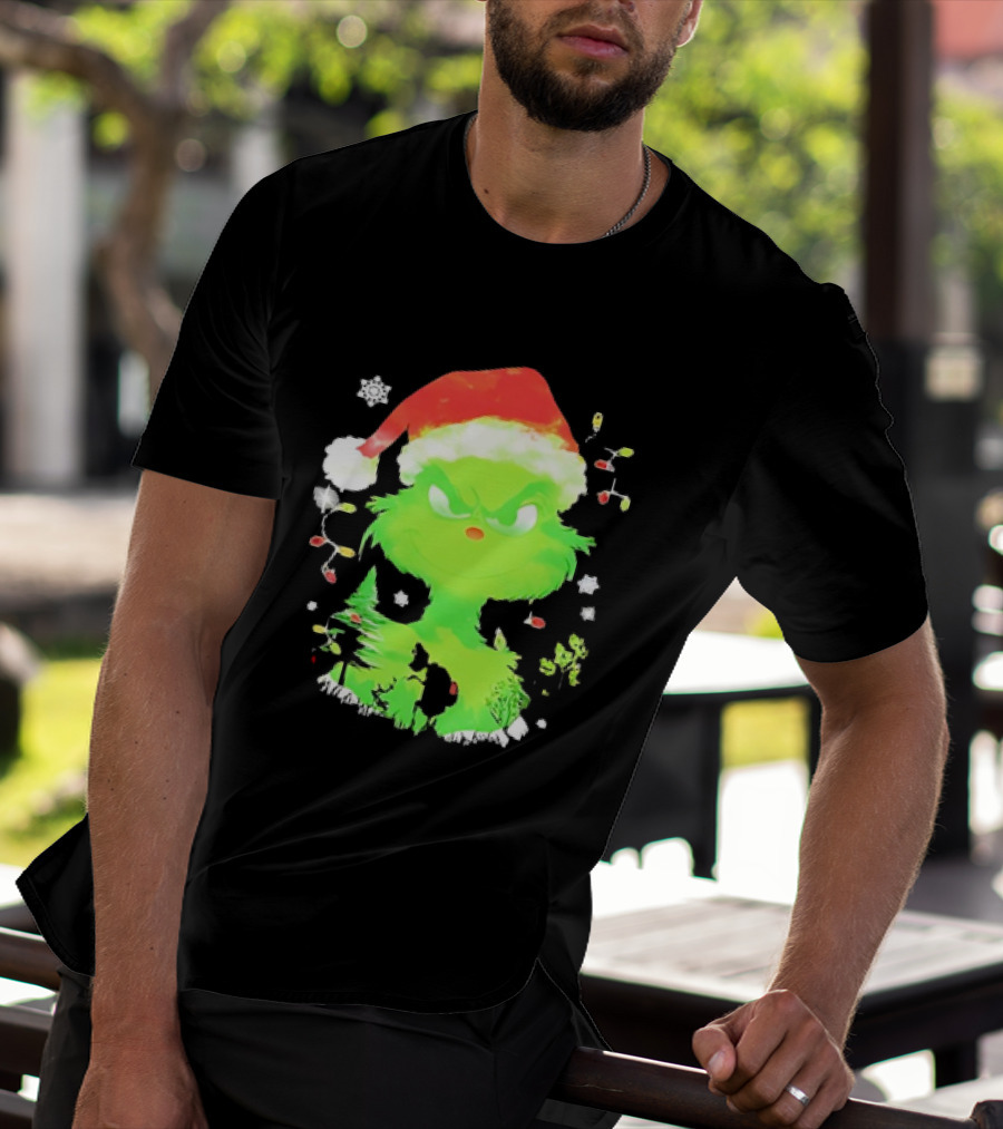 Grinch In Santa Hat Surrounded By Snowflakes And Christmas Lights T-Shirt