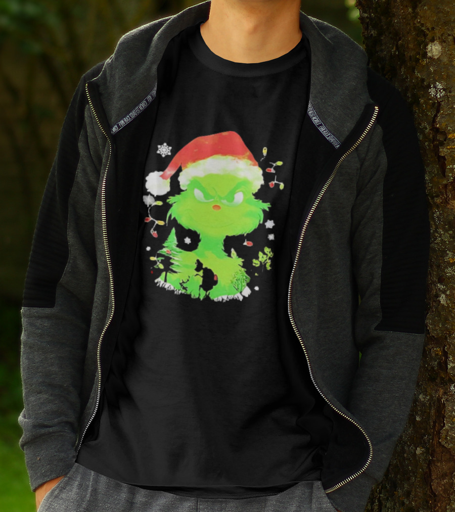 Grinch In Santa Hat Surrounded By Snowflakes And Christmas Lights T-Shirt
