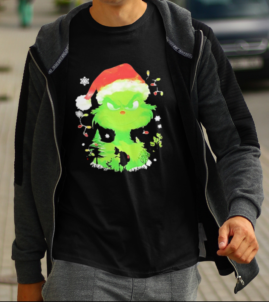 Grinch In Santa Hat Surrounded By Snowflakes And Christmas Lights T-Shirt