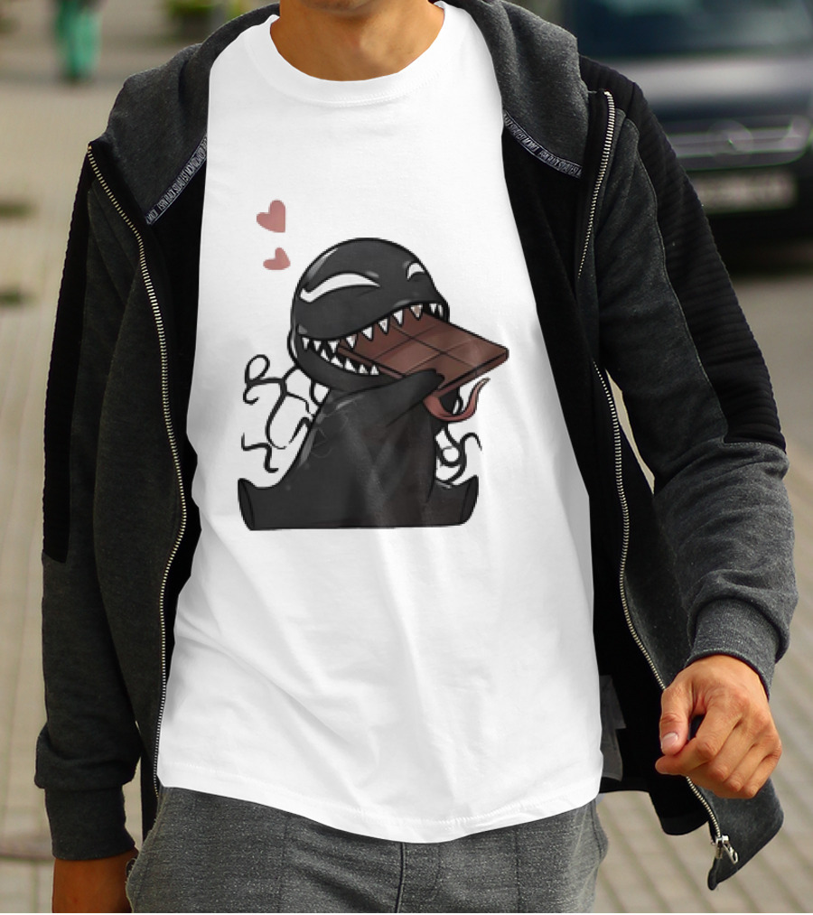 Venom Eating Chocolate Cartoon Meme With Hearts T-Shirt