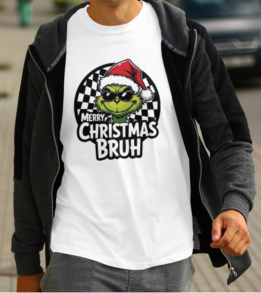 Merry Christmas Bruh Grinch With Santa Hat And Checkered Flags T-Shirt