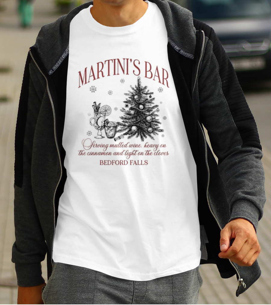 Martini's Bar Serving Mulled Wine Bedford Falls Christmas Tree T-Shirt