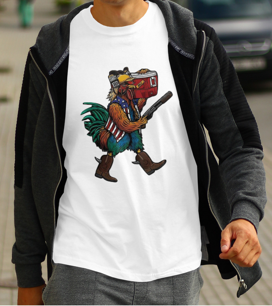 Merica Tacticock Chicken Patriotic Rooster With Beer Cooler And Shotgun T-Shirt