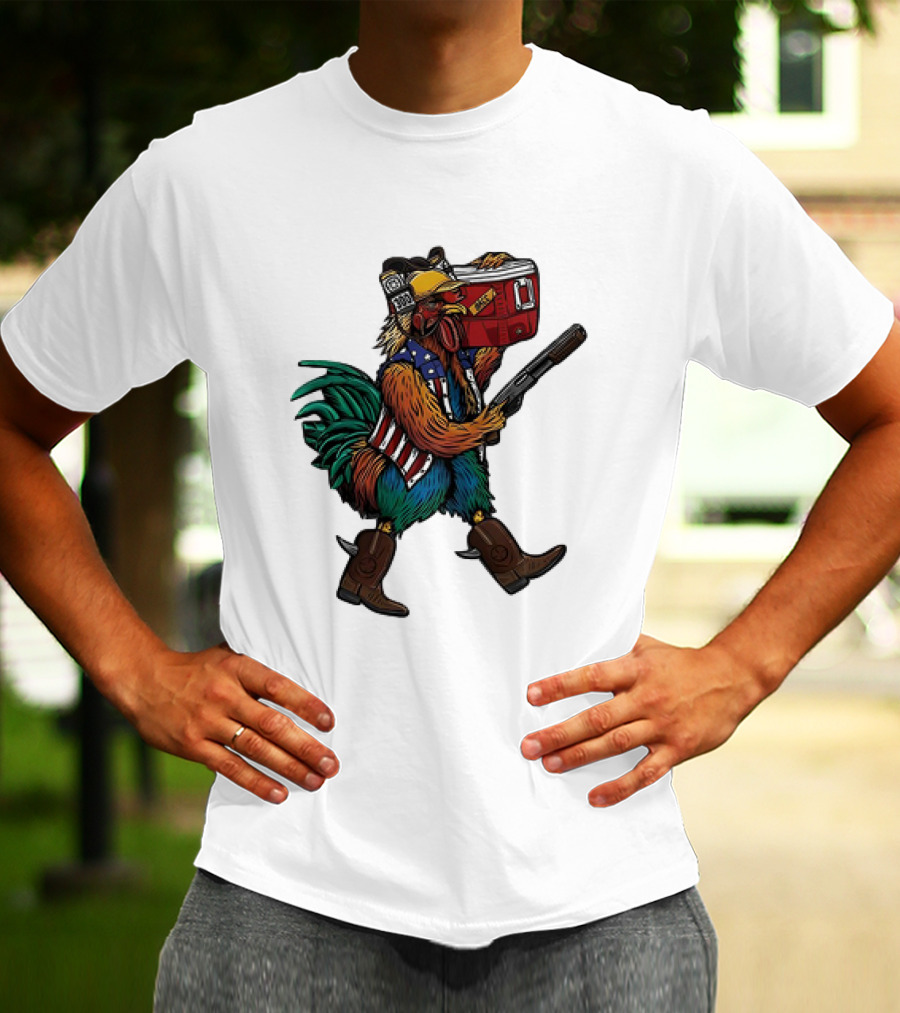 Merica Tacticock Chicken Patriotic Rooster With Beer Cooler And Shotgun T-Shirt