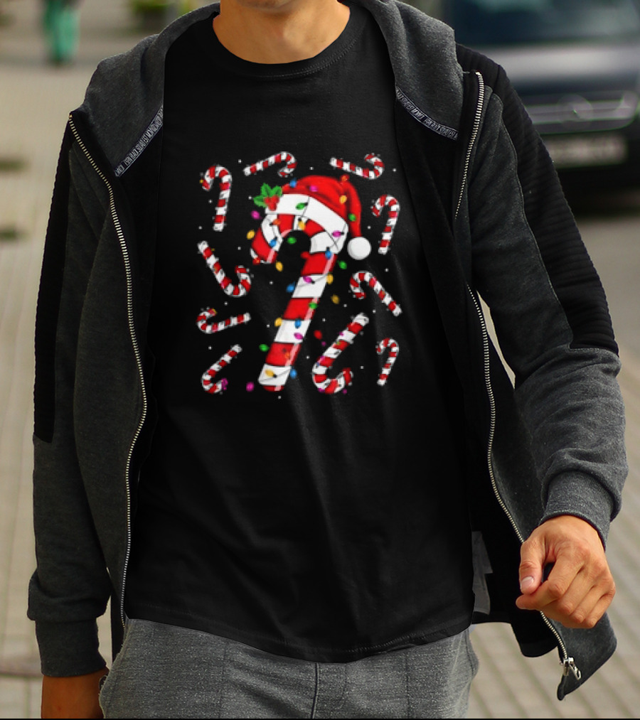 Santa Hat Red And White Candy Cane With Colorful Christmas Lights T-Shirt