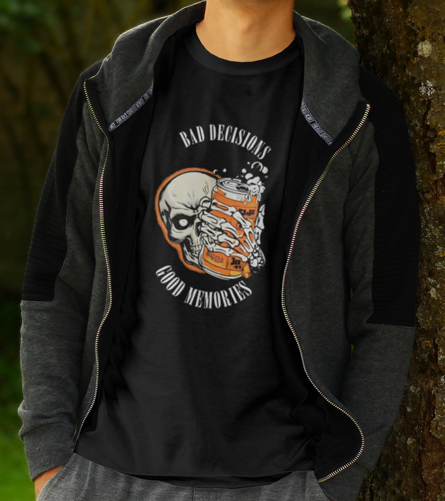 Bad Decisions Good Memories Skull Holding Beer Can T-Shirt