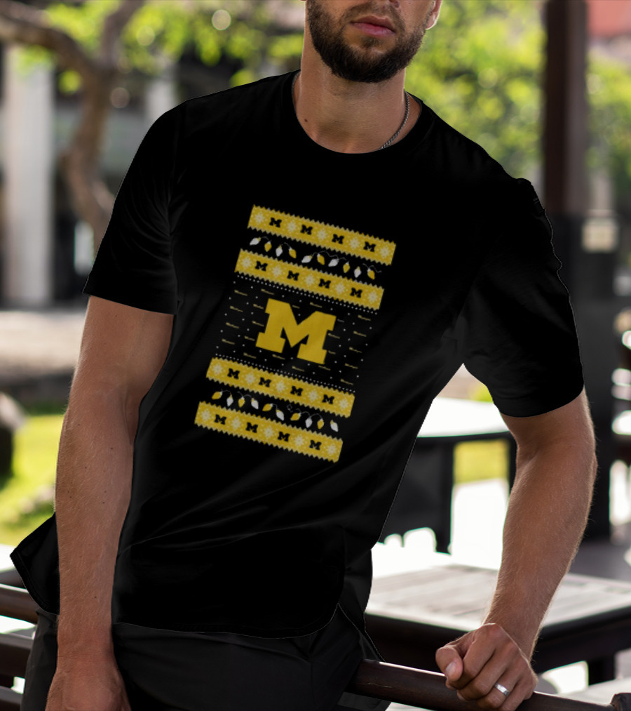 Michigan Wolverines Ugly Christmas Sweater Lights T-Shirt
