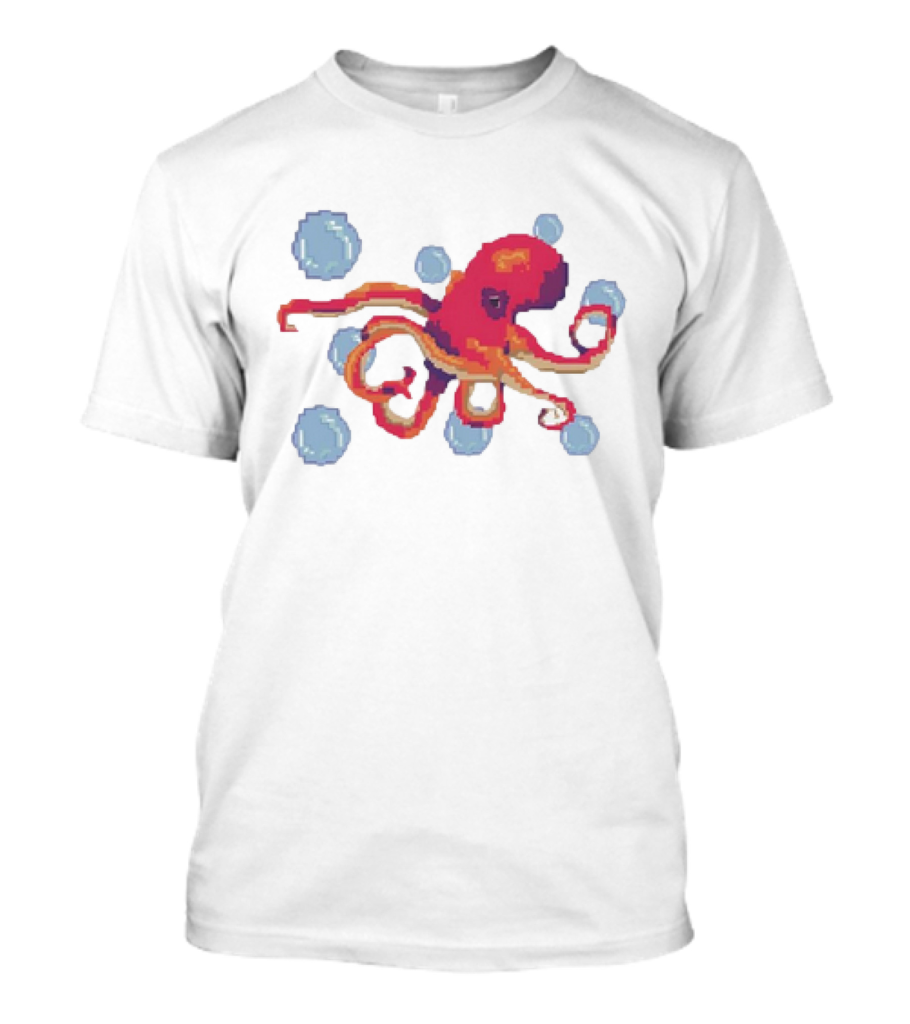 Octopus Swimming Through Blue Bubbles Pixel T-Shirt