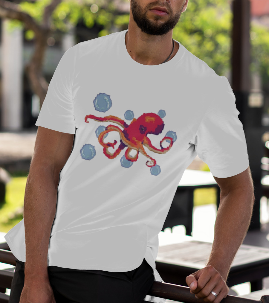 Octopus Swimming Through Blue Bubbles Pixel T-Shirt