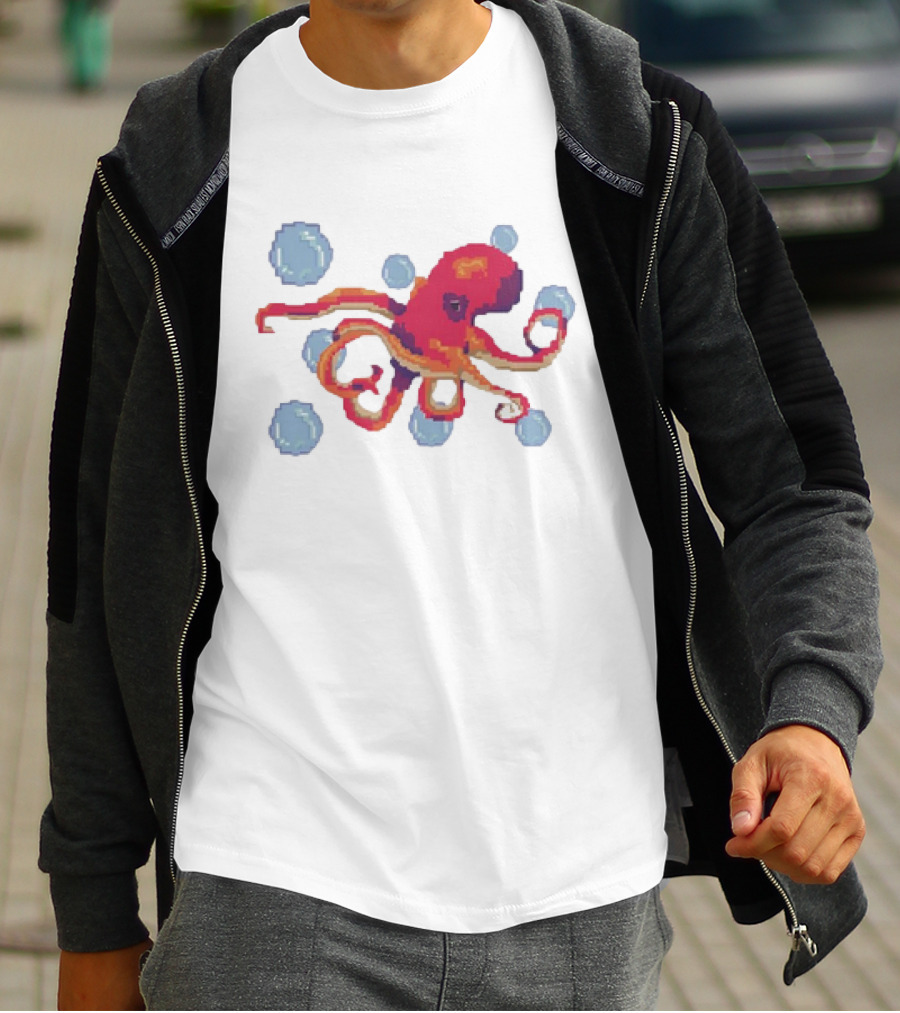 Octopus Swimming Through Blue Bubbles Pixel T-Shirt