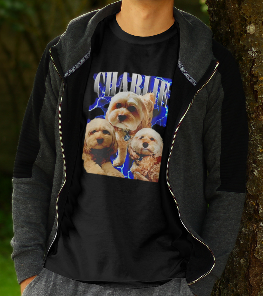 Charlie Three Dogs Blue Lightning Background T-Shirt
